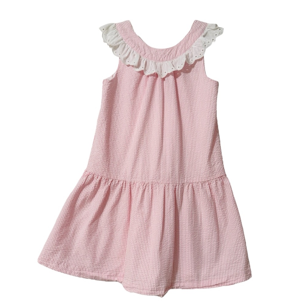 100% Cotton Pink Seersucker Ruffle Eyelet Collar Sleeveless Dress Size 8